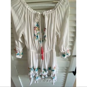 Raga -White off shoulder,short dress with tassels.  Good as a swimsuit coverup.